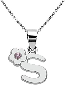 Initial Alphabet Letter S Pink Crystal Flower Pendant Necklace Script Word Fashion Jewelry
