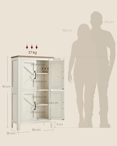 VASAGLE LIRY Collection - Gabinete de Almacenamiento de Granja, gabinete de baño con Puertas de Granero, despensa de Cocina no Empotrado, estantes Ajustables, para Comedor, Sala de Estar, Blanco