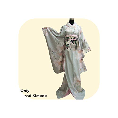 Women Japanese Light Floral Long Furisode Kimono Cosplay Costume Outfit,Floral Kimono 2 Only,One Size