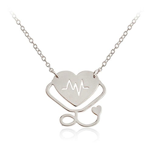 ERAWAN Medical Hollow Heart Stethoscope Cardiogram Doctor Nurse Pendant Chain Necklace EW sakcharn (Silver)