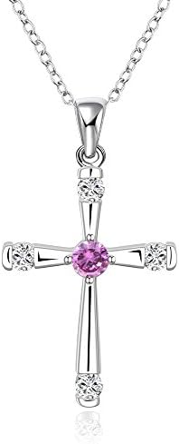 NA BEAUTY Sliver Cross Pendant Necklace with Round Amethyst Cubic Zirconium Crystals
