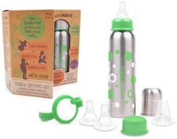 organicKidz Baby Grows Up Stainless Steel Bottle Set, 9oz - Green, Narrow Neck by organicKidz