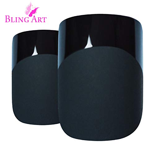 Bling Art False Nails French Fake Matte Black Squoval 24 Medium Tips Glue