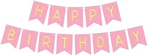 Yosmi Happy Birthday Bunting Banner with Shimmering Gold Letters White Pink&amp; Black (Pink)