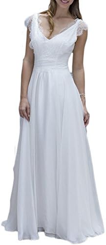 Vicokity V Neck Cap Sleeves Chiffon Lace Bohemian Beach Wedding Dresses Boho Bridal Gowns (US 2, Ivory)