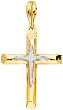 14k Two Tone Gold Star Engrave Cross Pendant