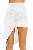 Simlu Womens Drape Up Stretchy Asymmetrical High Low Short Mini Bodycon Pencil Skirt, White, Small