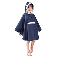 VVFamily Rain Poncho Jacket for Girls Batwing-Sleeve Coat Hooded School Backpack Raincoats Waterproof (Navy, M)