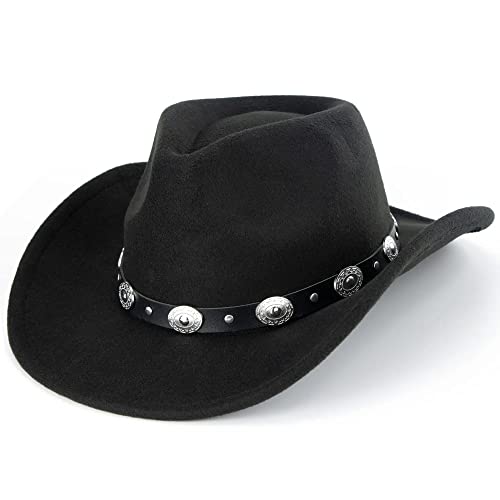 Eohak Womens Western Cowboy Hats Studded Pinched Western Cowgirl Hats Wide Brim Fedoras Hat with Belt Buckle (Size:Medium)