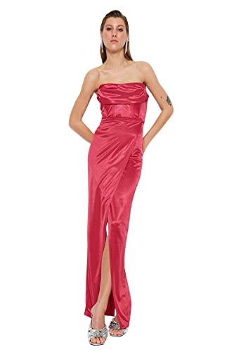 Trendyol Wrapover Fitted Knit Evening Dress Camiseta sin Mangas, Fuchsia, 36 para Mujer