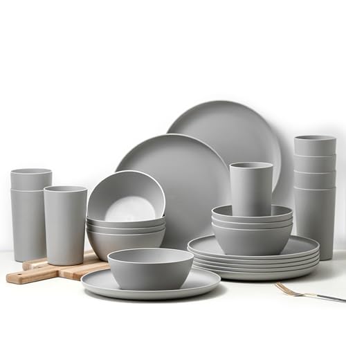 24 Piece Dinnerware Set, Unbreakable Plastic Plates Bowls Cups Set, BPA Free Reusable Tableware for Camping, Picnic, Home, Kitchen, Dishwasher Safe (Grey)
