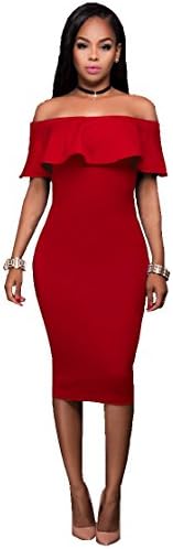 Sophia17 Women Sexy Off The Shoulder Ruffle Slim Fit Bodycon Cocktail Party Midi Dress Red S
