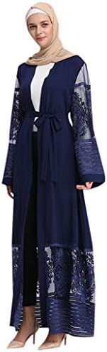 HEFYBA Muslim Women's Kimono Embroidered Cardigan Robe Transparent Long Sleeve Long Waist with Belt Tunic Cloak