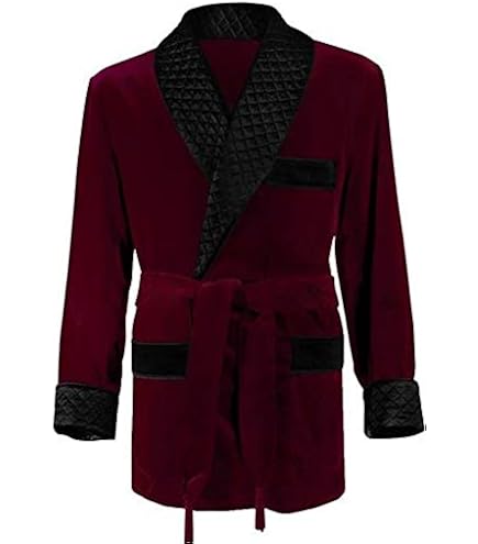Men's Silky Satin Smoking Jacket (Small, Black Brocade Design) at
