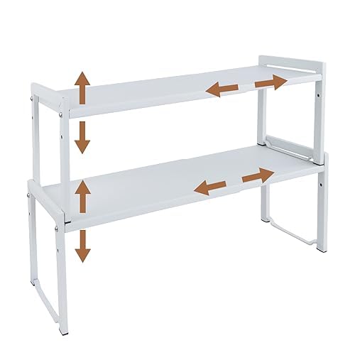Goodsnetic 2 Packs Expandable Cabinet Shelf 13.8~26"(L), Stackable Kitchen Counter Shelf Organizer, 33LBS Heavy Duty Riser, Countertop Storage Pantry Shelves (White 2 Packs L)
