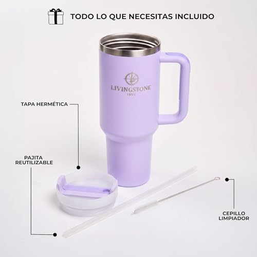 Livingstone1855 1.2 L Thermal Cup, Keeps 24 Hours Cold / 12 Hours Hot, 304 Stainless Steel Thermos Flask with Handle and Straw, Leakproof, Large Reusable Thermal Cup, BPA Free, Ideal for Gym, Office
