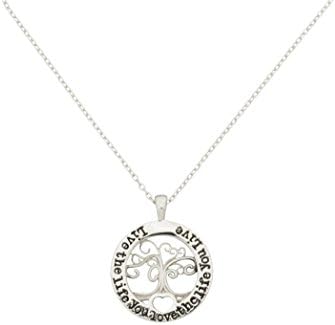 Silver Tone "Live The Life You Love" Tree Of Life Pendant Statement Necklace