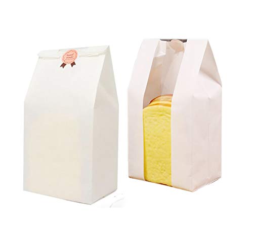 Pack of 30 Paper Bread Loaf Bag Kraft Food Packaging Storage Bakery Bag with Front Window, Label Seal sticker included (White, 12.2''x4.7''x3.54'')