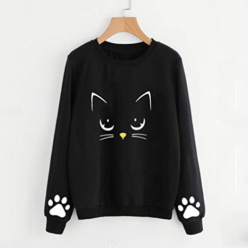 Rambling Women's Cat Print Sweatshirt Long Sleeve Loose Pullover Shirt Blouse Black