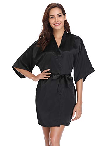 Vlazom Kimono Robe Damen Morgenmantel Kurzer Satin Bademantel Mit Gürtel V-Ausschnitt Kimono – Bild 4