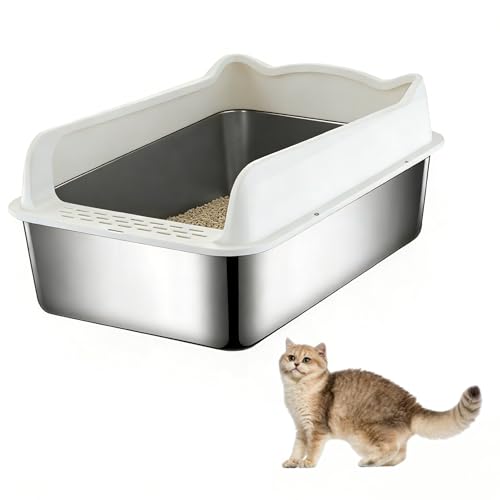 ORCHID M®Stainless Steel Cat Litter Box，Metal Kitty Litter Box with High Wall Sides Enclosure for Big and Small Cats, Odor Control, Easy Clean,Non-Sticky, Anti-Leakage(white）