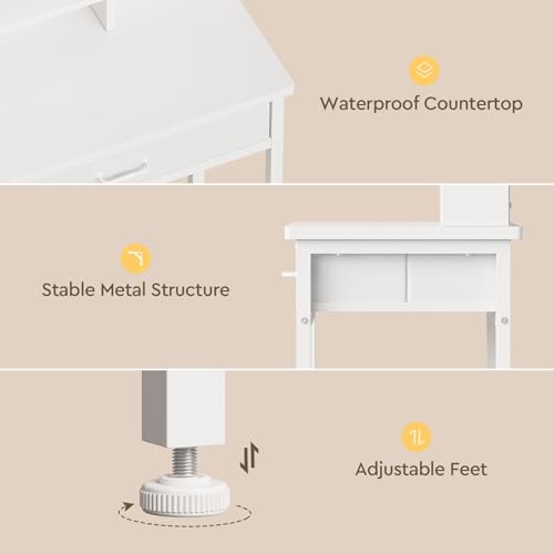 Makeup Vanity Desk with Mirror and Lights, Small Vanity with Fabric Storage Drawer & Side Table & Shelves, White Compact Makeup Vanity for Bedroom