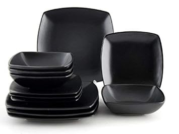Creative Tops Raven Geschirr-Set, Steinzeug, quadratisch, 12-teilig, Schwarz