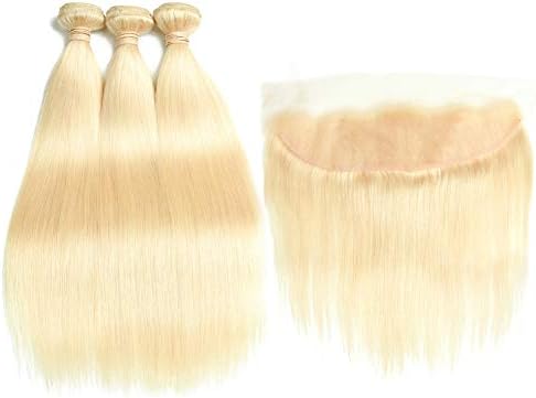 613 Blonde Malaysian Straight Hair Bundles With Frontal 613 Platinum Blonde Human Hair 3 Bundles With Lace Frontal Remy Extension Can Be Dyed (242628+20 inch, bundles with frontal)