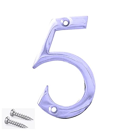 TERF® 3 Inch (75mm) Chrome Polished Finish Screw Fix Front Door Number '' 5 '' Mailbox Hotel House Door Number Suitable for All Door Types Wooden, uPVC and Composite With Fixing Screw [ Number - 5 ]