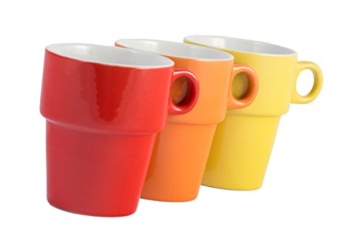 Gypsy Color Ceramic Coffee Mug Set of 6 Large (12 oz.) Stackable Cappuccino Cups with Chrome Stand, Mulicolor Rainbow Flag Colors