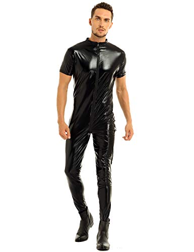 inhzoy Mens Stretchy Patent Leather Short Sleeves Zipper Crotch Full Body Leotard Bodysuit