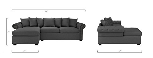 Modern Large Tufted Linen Fabric Sectional Sofa, Scroll Arm L-Shape Couch (Dark Grey) - Thumbnail 4