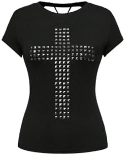 Milumia Women's Y2K Gothic Cross Rivet Tee Tops Vintage Cut Out