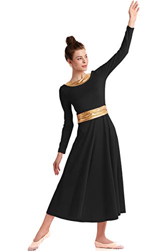HIHCBF Women Long Sleeve Praise Dress Liturgical Metallic Waistband Full Length Wide Swing Loose Fit Worship Dancewear Black XL - Thumbnail 5