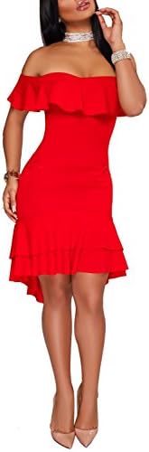 Wonderoy Women's Ruffles Off Shoulder Fitted Club Party Cocktail Bodycon Midi Dress