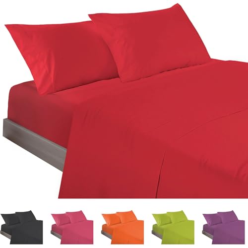 ECOMMERC3 | 4-Piece Bed Sheet Set 160 Made in Spain - Sheet Set with Fitted Sheet, Top Sheet and 2 Pillowcases 45 x 85 cm Red