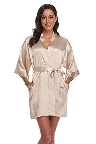 Women's Silky Bride Bridesmaid Kimono Robes Short Wedding Party Getting Ready Robe Dressing Gown with Gold Glitter, Bridesmaid Champagne M - Thumbnail 4