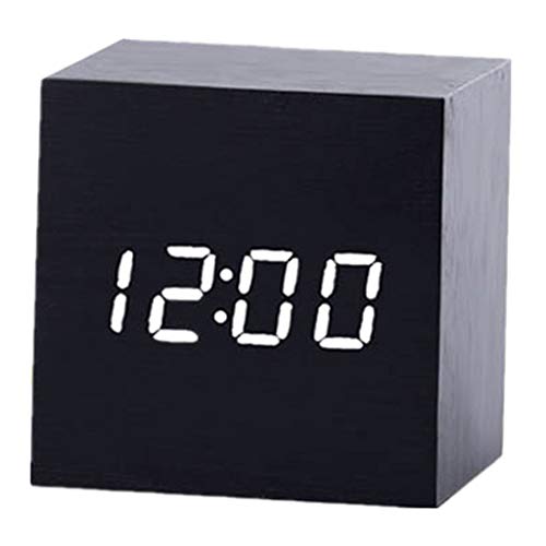 Yanvan Square Wooden LED Clock New Modern Wood Digital LED Desk Alarm Clock Thermometer Timer Calendar Cute Portable Clock (A)