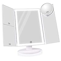 Makeup Vanity Mirror with Lights, ECRAB 38 LED Vanity Mirror with Touch Control, Tri-Fold Mirror 1/2/3X/10X Magnification, 180° Adjustable Rotation, Dual Power Supply (White)