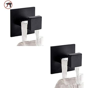 Flybath Coat Hook SUS 304 Stainless Steel Towel Robe Hooks Square Bathroom Accessories Wall Mounted 3M Self Adhesive (No Drilling), Plating Matte Black - 2 Pack