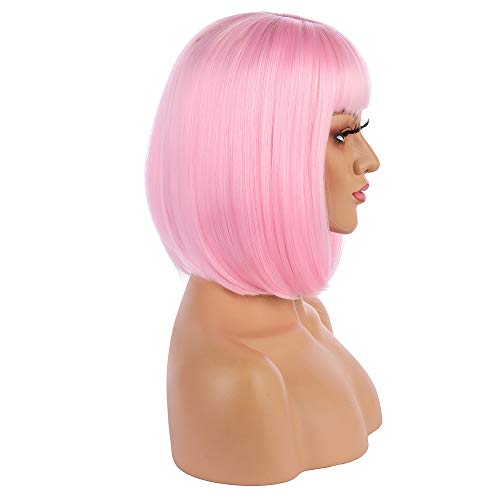 eNilecor Short Bob Hair Wigs 12" Straight with Flat Bangs Synthetic Colorful Cosplay Daily Party Wig for Women Natural As Real Hair+ Free Wig Cap (Light Pink)