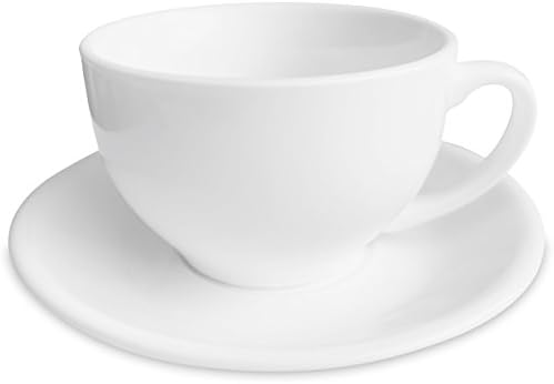 White Cup and Saucer for Cappuccino, Latte, and Macchiato. Coffee House Inspired Contemporary Design for Latte Art. 2 Cups with 2 Saucers Set. 8 oz