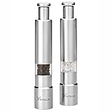 Vistella One Hand Push Button Salt and Pepper Grinder Set - Bonus Stand - Small Stainless Steel Body with Acrylic Spice Container - Metal Internal Grinder with Spring - Perfect for Travel and Camping