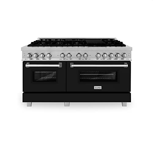 ZLINE 60 in. 7.4 cu. ft. Legacy Dual Fuel Range with 9 Burner Gas Cooktop and 2 Electric Convection Ovens in Satin Stainless Steel and Black Matte Doors (RAS-BLM-60)
