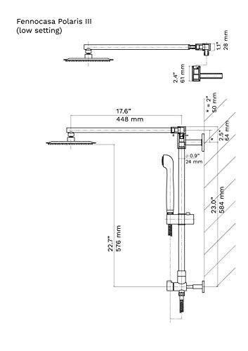 Polaris III Retrofit Rain Shower System, 3-Setting Handheld Shower Combo with Slide Bar, 8" Low Profile Shower Head for Low-Ceiling Bathrooms, 9-Inch Vertical Extension Pipe (Chrome)