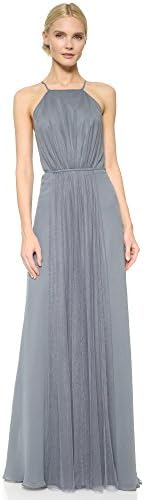 Monique Lhuillier Bridesmaids Women's Halter Dress with Tulle Panel, Steel, 2