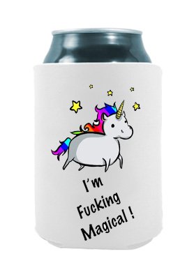 Unicorn - I am Fucking Magical | Funny Novelty Can Cooler Coolie Huggie - Set of two (2) | Beer Beverage Holder - Beer Gifts Home - Quality Neoprene No Fade Can Cooler