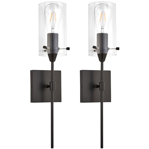 Photo 1 of Matte Black Wall Sconces Set of 2, Industrial Wall Sconces Lighting with Clear Glass Shade Hardwired Wall Lamps, Modern Wall Mount Lights for Hallway Bedroom Living Room Kitchen, Bulbs Not Included