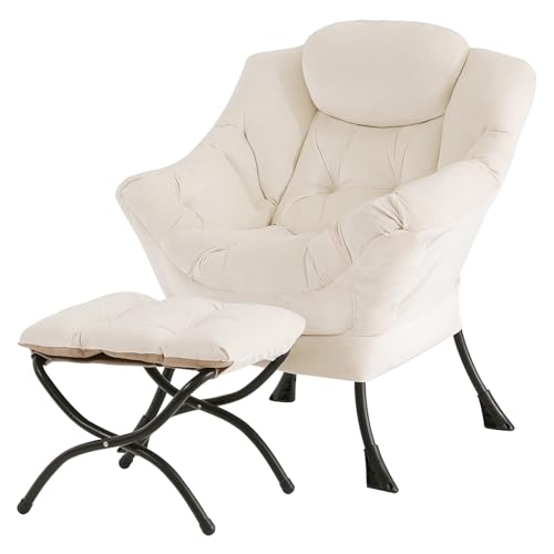 Tiita Lazy Chair with Ottoman, Beige Modern Large Accent Chair, Comfy Leisure Sofa Armchair with Ottoman, Reading Chair with Footrest for Bedroom, Living Room, Dorm Rooms, Velvet Beige