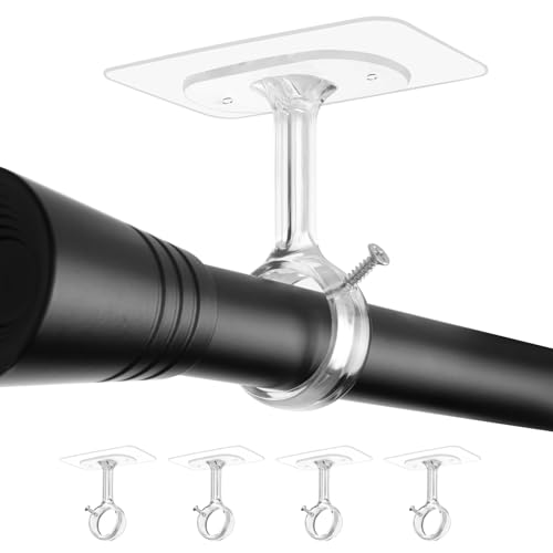 Curtain Pole Brackets No Drilling for Ceiling/Wall, Adjustable, Optimised Model for Rods from Ø25 to 32 mm, Ideal for Showers, Doors and Closets (Set of 4, Transparent)